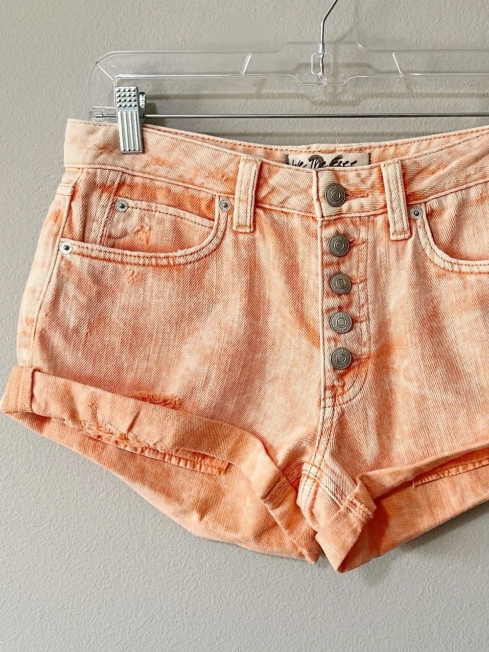 Free People We The Free Romeo Rolled Cuff Peach Denim Shorts Boho Festival Vacay